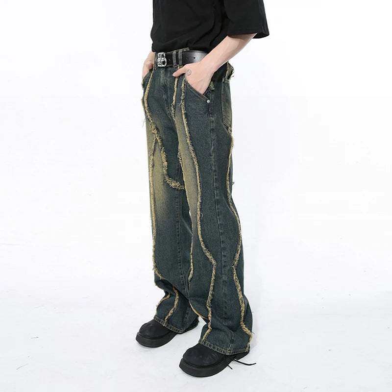 Men's Wear 2024 Spring Denim Pants New Fashion Deconstructed Ragged Edge Splicing Damaged Design Washed Jeans 9C5094