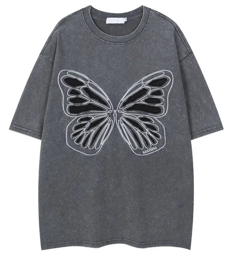 Vintage Oversized T-Shirts Y2K Embroidered Butterfly Patch Washed Tshirt Streetwear Hip Hop Harajuku Baggy Short Sleeve Tops Tee