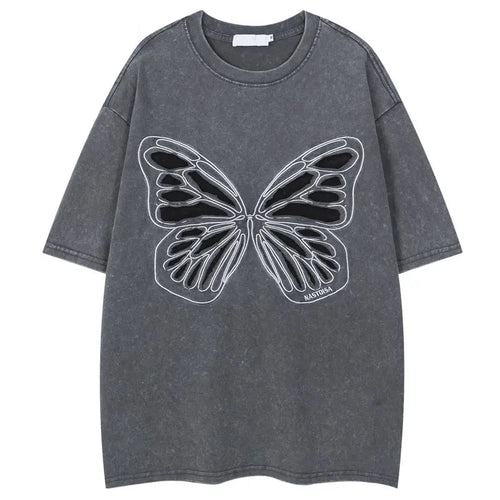 Vintage Oversized T-Shirts Y2K Embroidered Butterfly Patch Washed Tshirt Streetwear Hip Hop Harajuku Baggy Short Sleeve Tops Tee