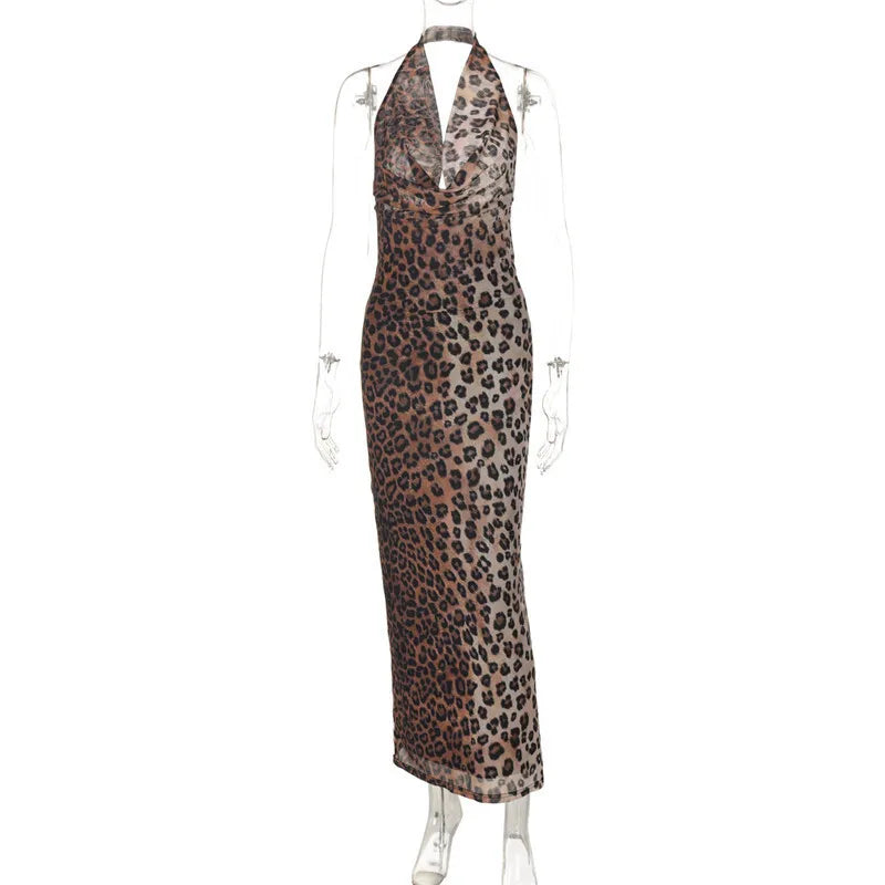 Leopard Print Backless Sexy Maxi Dress For Women Gown Fashion Halter Strapless Sleeveless Bodycon Printed Long Dress