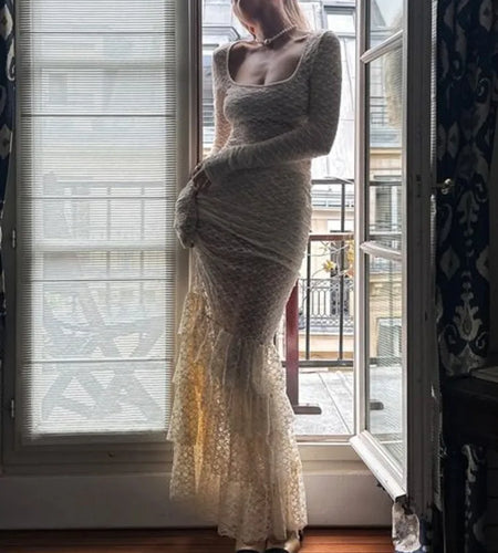 Elegant Long Sleeve Lace Long Skirt Set For Women Bodycon Ruffle Perspective Female Two Piece Set Sexy Holiday Beach