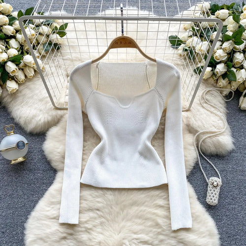 Load image into Gallery viewer, Fashion Solid Knitted Square Collar Long Sleeves Slim Fit Tops Women France Autumn Office Lady Elegant Pullover Sweater Popular
