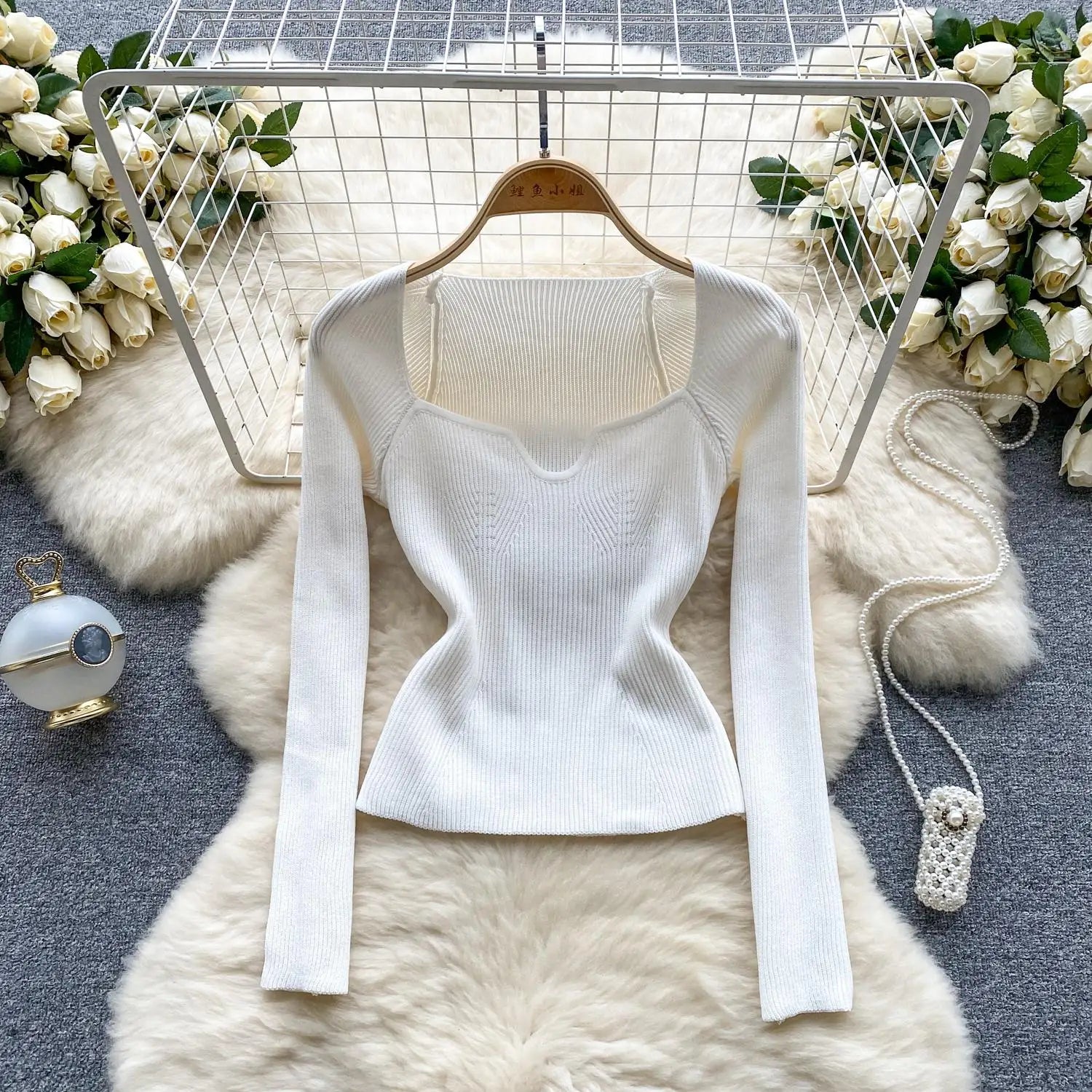 Fashion Solid Knitted Square Collar Long Sleeves Slim Fit Tops Women France Autumn Office Lady Elegant Pullover Sweater Popular