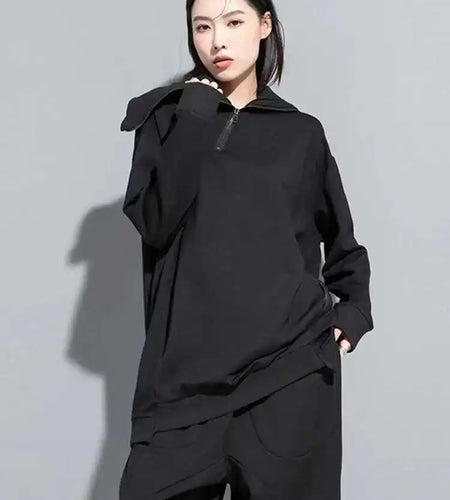 Loose Fit Black Zipper Irregular Sweatshirt New Turtleneck Long Sleeve Women Big Size Fashion Spring Autumn 2025 1DH0576