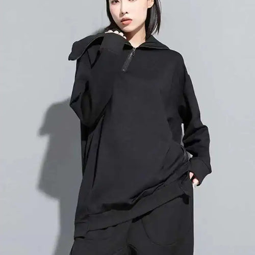 Load image into Gallery viewer, Loose Fit Black Zipper Irregular Sweatshirt New Turtleneck Long Sleeve Women Big Size Fashion Spring Autumn 2025 1DH0576
