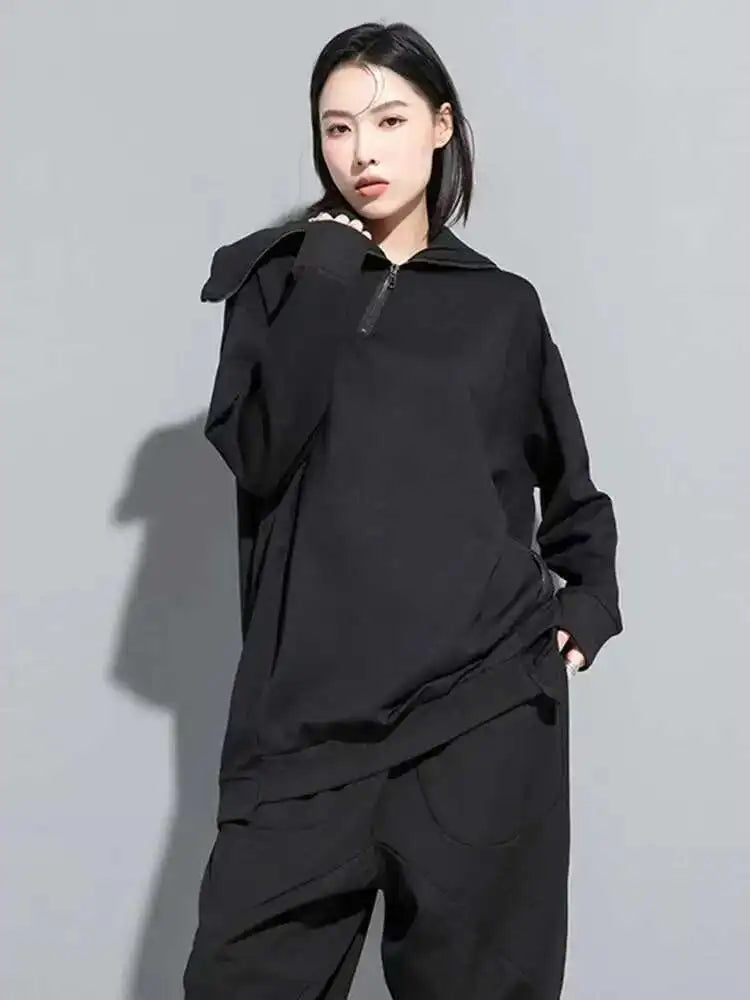 Loose Fit Black Zipper Irregular Sweatshirt New Turtleneck Long Sleeve Women Big Size Fashion Spring Autumn 2025 1DH0576