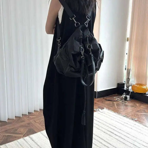 Load image into Gallery viewer, Women Black Brief Irregular Shaped Pocket Long Elegant Dress New V-Neck Sleeveless Fashion Tide Spring Autumn 2025 1DH9419
