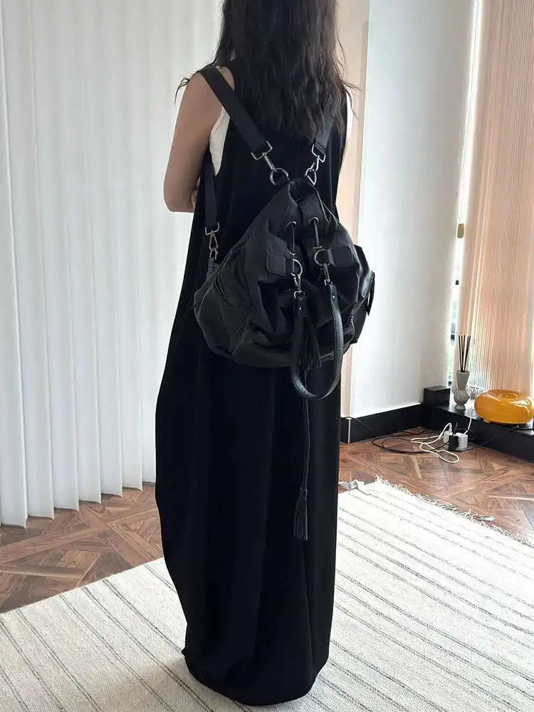 Women Black Brief Irregular Shaped Pocket Long Elegant Dress New V-Neck Sleeveless Fashion Tide Spring Autumn 2025 1DH9419