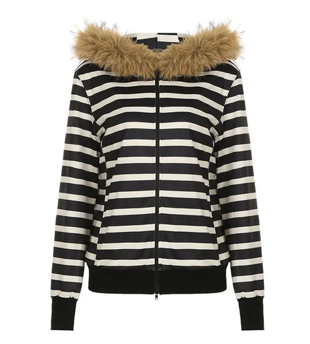 Striped Women Hoodies Coats 2024 Ropa Mujer Furry Hooded Zipper Sweatshirts Y2k Tops Casual Fashion Korean Hoodie Ropa Mujer