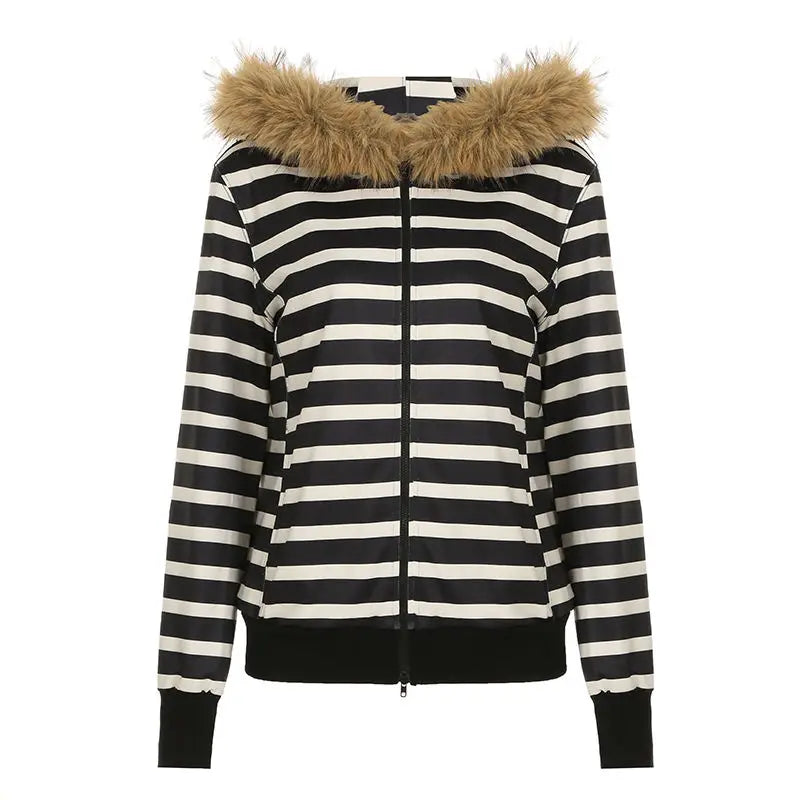 Striped Women Hoodies Coats 2024 Ropa Mujer Furry Hooded Zipper Sweatshirts Y2k Tops Casual Fashion Korean Hoodie Ropa Mujer