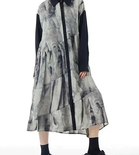 Women Black Pattern Printed Big Size Midi Shirt Dress New Lapel Long Sleeve Fashion Tide Spring Autumn 2025 1DH4765