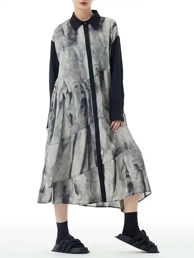 Women Black Pattern Printed Big Size Midi Shirt Dress New Lapel Long Sleeve Fashion Tide Spring Autumn 2025 1DH4765