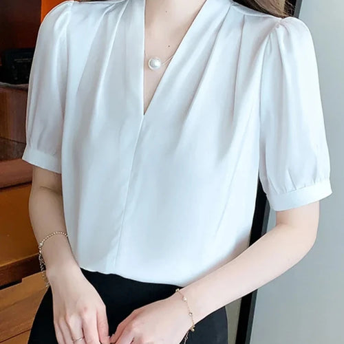 Load image into Gallery viewer, Pure Color Puff Sleeve Female Blouses V-neck Slim Elegant Summer Womem&#39;s Blouse Fashion Casual Streetwear Outfits
