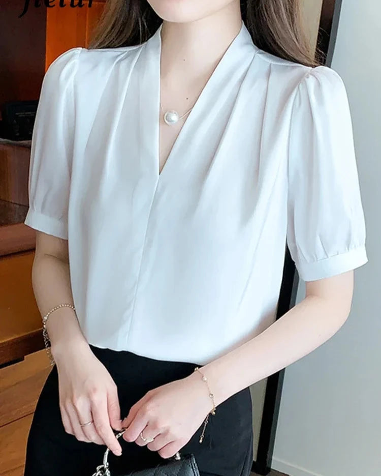 Pure Color Puff Sleeve Female Blouses V-neck Slim Elegant Summer Womem's Blouse Fashion Casual Streetwear Outfits