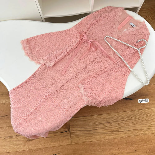 Load image into Gallery viewer, Autumn Winter Vintage Sweet Pink Lace V Neck Bandage Dress French Women's Elegant Long Sleeved Slim Birthday Party Dress Fashion
