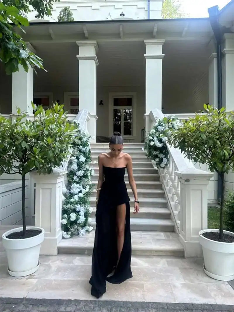 Elegant Strapless Sexy Maxi Dress For Women Gown With Scarf Off-shoulder Sleeveless Backless Split Beach Long Dress