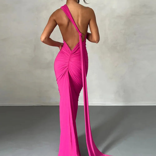 Load image into Gallery viewer, Oblique Shoulder Backless Maxi Dress For Women Gown Summer Back Strap Sleeveless Ruched Party Sexy Long Dress Vestidos
