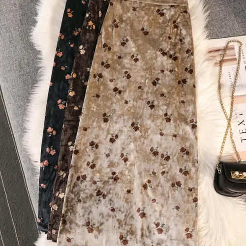 Load image into Gallery viewer, Women's Spring Autumn New Print Gold Velvet Slim Split Package Hip Skirts Ladies High Waist A-line Pleated Skirt Vintage French
