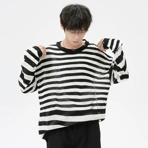 Load image into Gallery viewer, Korean Style Men&#39;s Sweater Hollow Out Striped Contrast Color Male Pullovers Round Collar Menwear Tops Autumn Trend 9C7037
