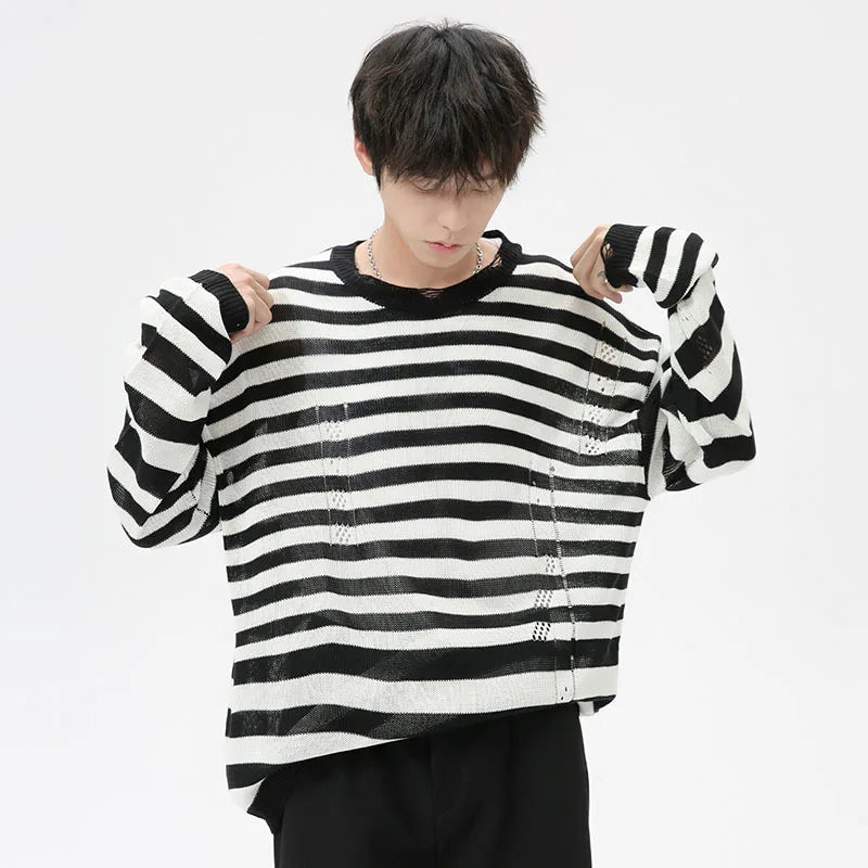 Korean Style Men's Sweater Hollow Out Striped Contrast Color Male Pullovers Round Collar Menwear Tops Autumn Trend 9C7037