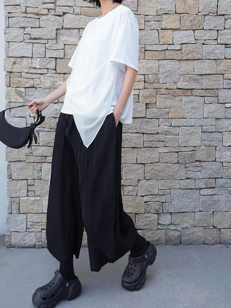 Women White Irregular Pleated Big Size Casual T-shirt New Round Neck Short Sleeve Fashion Tide Spring Summer 2025 1DJ0214