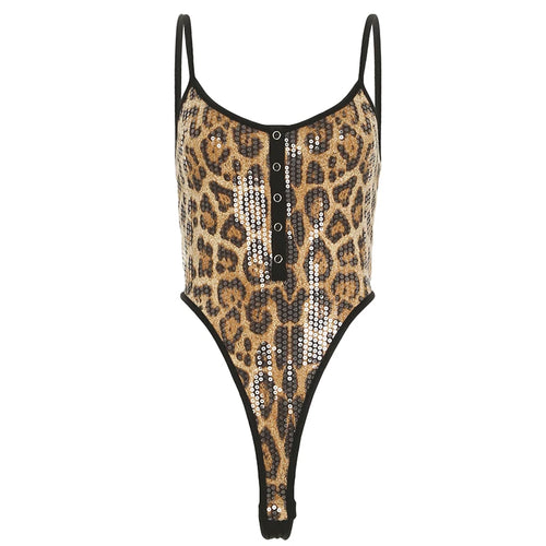 Load image into Gallery viewer, Sexy Sequines Leopard Printed Party Bodysuit Women Contrast Color Skinny Spaghetti Strap One Piece Tops Bling Rompers
