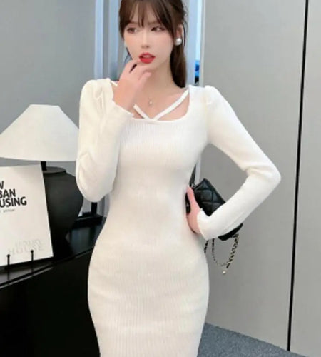 French Fashion Women Black Elegant Festival Hollow Out Knit Dress Autumn White Long Sleeve Slim Wrap Hip Short Dress Ladies Chic