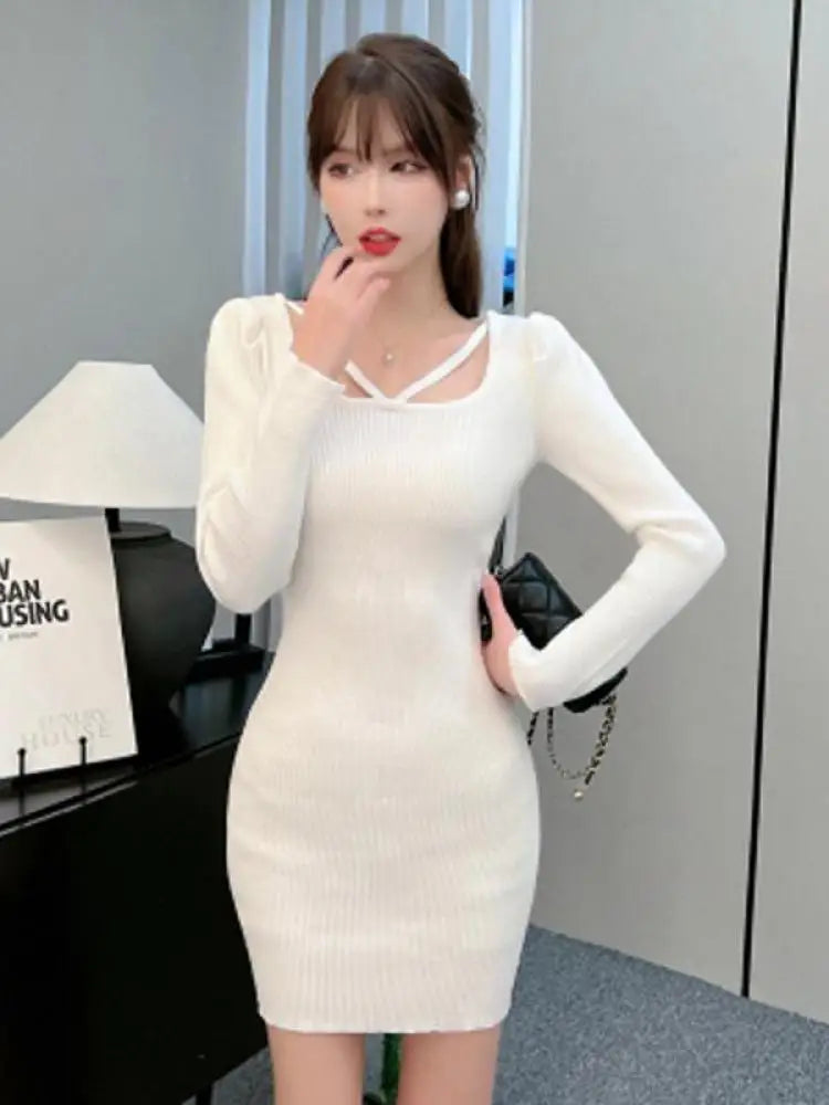French Fashion Women Black Elegant Festival Hollow Out Knit Dress Autumn White Long Sleeve Slim Wrap Hip Short Dress Ladies Chic