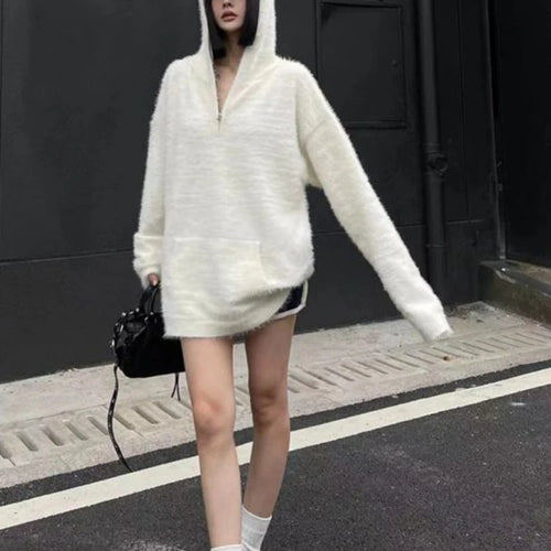 Load image into Gallery viewer, Streetwear Solid Grunge Zipper Hooded Sweaters 2025 Autumn Y2k Aesthetic Loose Casual Pullovers Women Oversized Harajuku Jumpers
