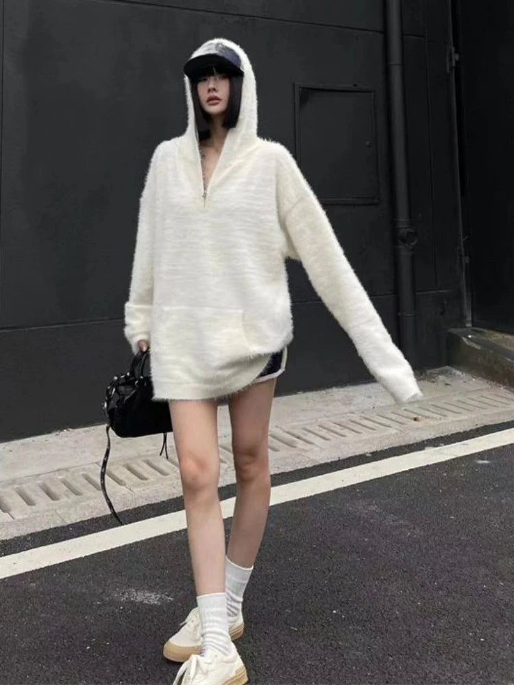 Streetwear Solid Grunge Zipper Hooded Sweaters 2025 Autumn Y2k Aesthetic Loose Casual Pullovers Women Oversized Harajuku Jumpers
