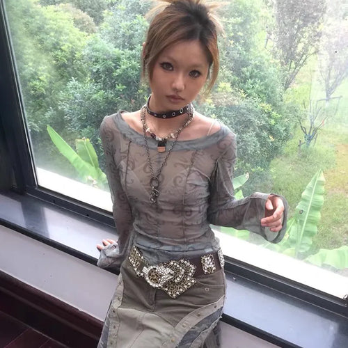 Load image into Gallery viewer, Grunge Aesthetics Mesh Tops Japanese Y2k Sheer Tops Vintage Harajuku See Through Crop Top Korean Fashion Tie Dye T-shirt
