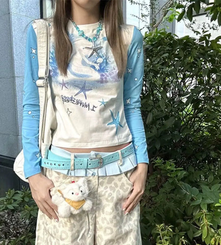 Crop Tops Women Clothing Print Tunic T Shirts Long Sleeve O-neck Tees Cute Y2k Top Casual Chic Sweet T-shirt Japanese Camisetas