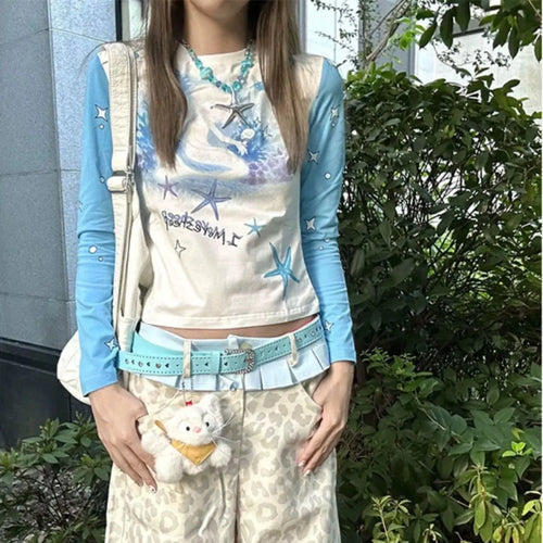 Load image into Gallery viewer, Crop Tops Women Clothing Print Tunic T Shirts Long Sleeve O-neck Tees Cute Y2k Top Casual Chic Sweet T-shirt Japanese Camisetas
