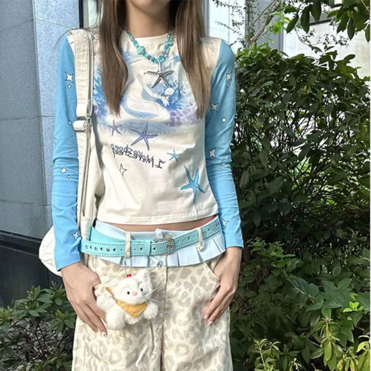 Crop Tops Women Clothing Print Tunic T Shirts Long Sleeve O-neck Tees Cute Y2k Top Casual Chic Sweet T-shirt Japanese Camisetas