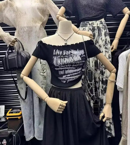 Black Letters Print Short Sleeved Knit T-shirt For Women's 2024 Summer New Red Slim Off Shoulder Lace-up Tops Trend Streetwear