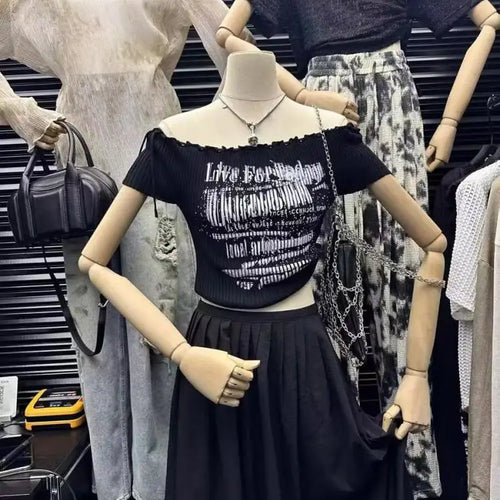 Load image into Gallery viewer, Black Letters Print Short Sleeved Knit T-shirt For Women's 2024 Summer New Red Slim Off Shoulder Lace-up Tops Trend Streetwear
