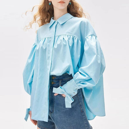 Striped Spliced Single Breasted Casual Shirts For Women Lapel Lantern Sleeve Loose Blouse Female Fashion Clothes