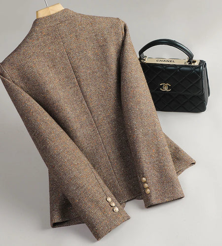 Korean Woman Autumn Winter Retro Brown Casual Long Sleeves Woolen Blazers Coat Commuting Office Lady Single Button Elegant Tops