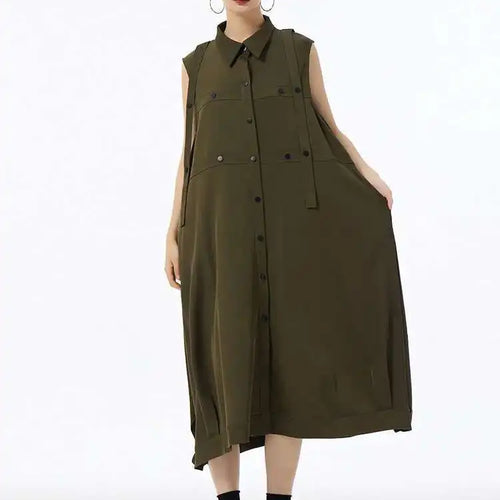 Load image into Gallery viewer, Women Army Green Button Big Size Midi Casual Shirt Dress New Lapel Sleeveless Fashion Tide Spring Summer 2025  1DH6614
