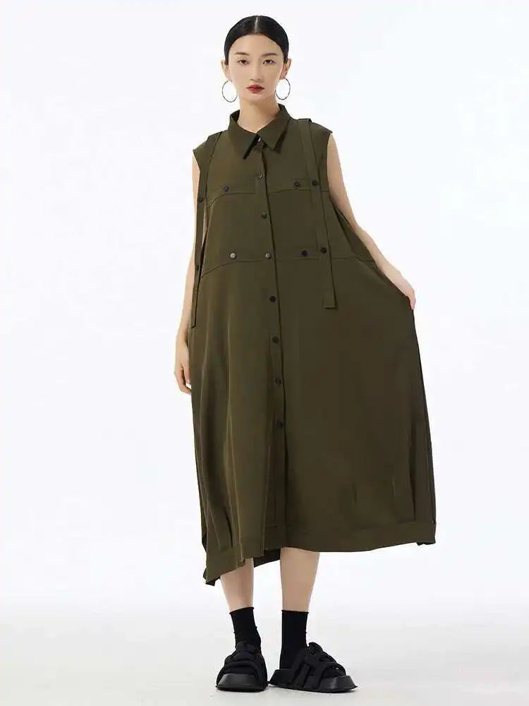 Women Army Green Button Big Size Midi Casual Shirt Dress New Lapel Sleeveless Fashion Tide Spring Summer 2025  1DH6614