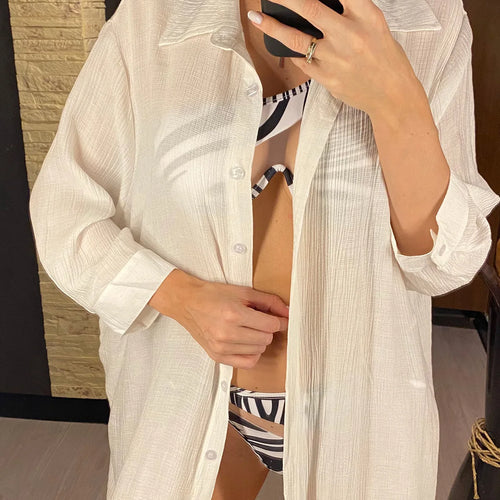 Load image into Gallery viewer, Summer White Shirt Long Sleeve Top Cotton Tunic Beach Cover Up Cover-ups Beach Dress Beach Wear Beachwear Female Women V4249
