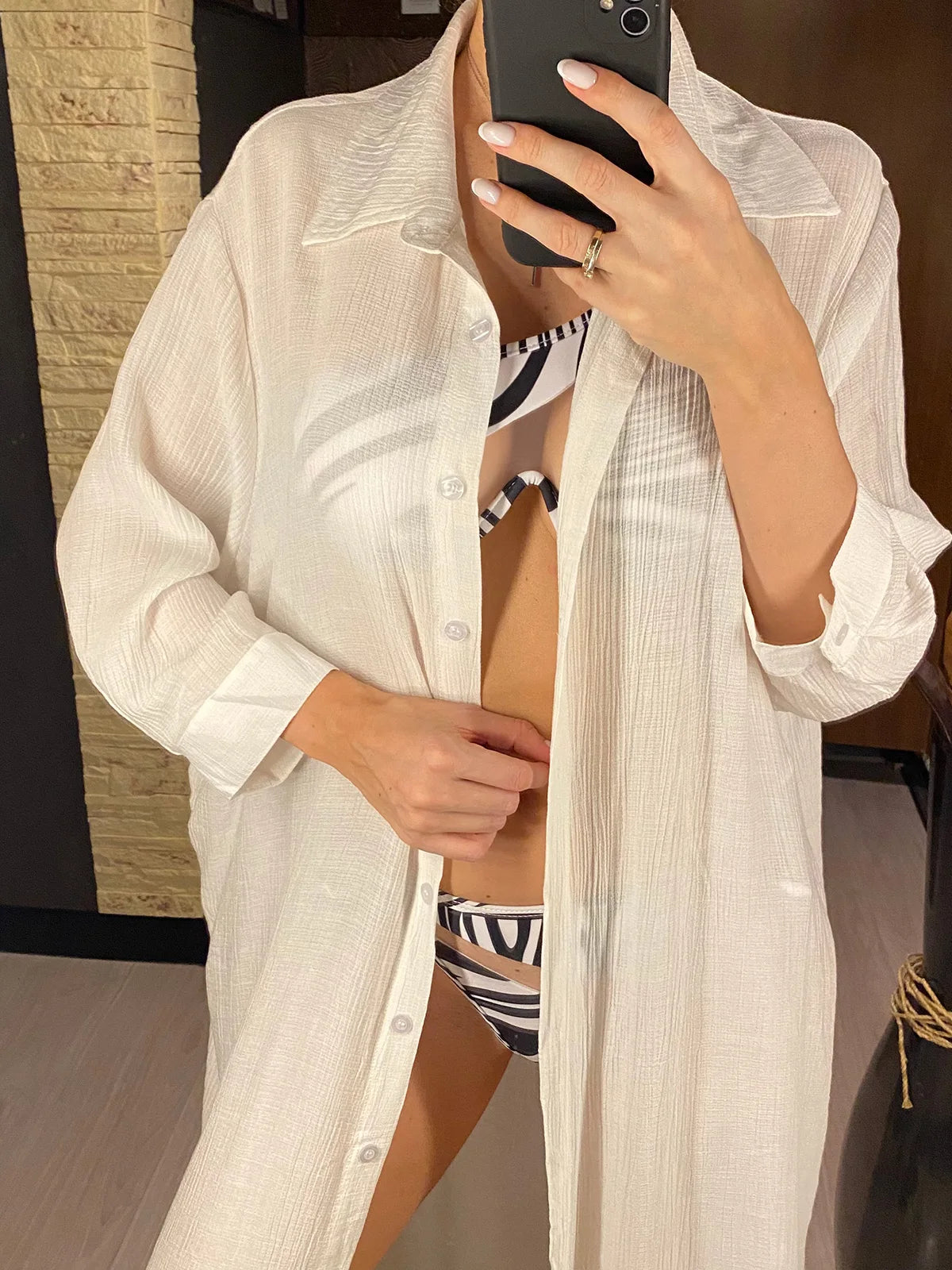 Summer White Shirt Long Sleeve Top Cotton Tunic Beach Cover Up Cover-ups Beach Dress Beach Wear Beachwear Female Women V4249