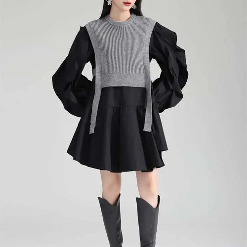 Load image into Gallery viewer, Women Black Knitting Color-block Ruffles Elegant Dress New Round Neck Long Sleeve Fashion Tide Spring Autumn 2025 1DH6758
