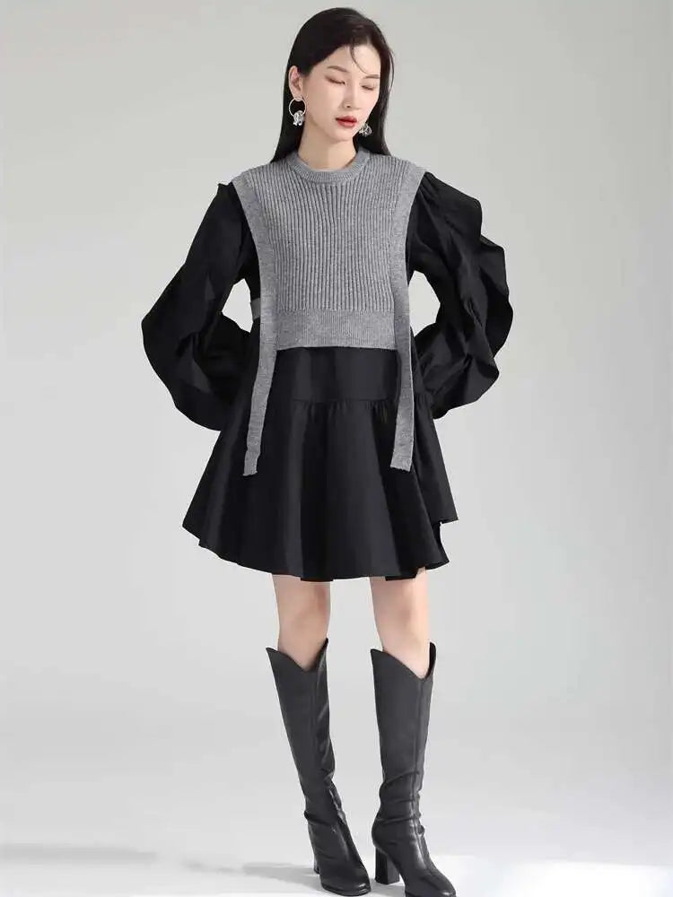 Women Black Knitting Color-block Ruffles Elegant Dress New Round Neck Long Sleeve Fashion Tide Spring Autumn 2025 1DH6758