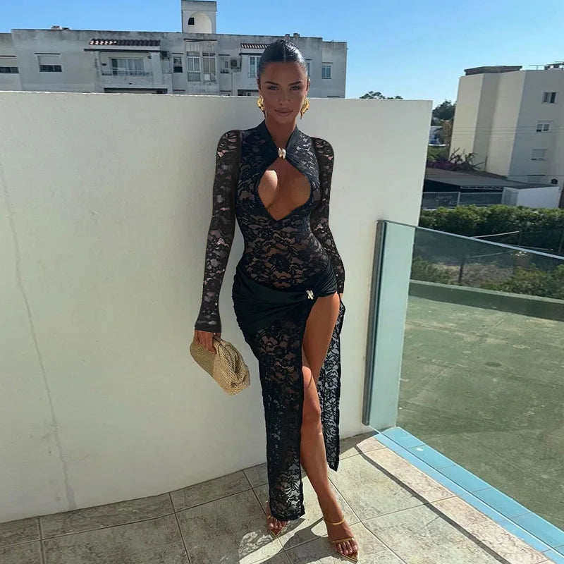 Lace Hollow Out Sexy Maxi Dress For Women Fashion Long Sleeve Thigh High Split Bodycon Club Evening Long Dress Elegant