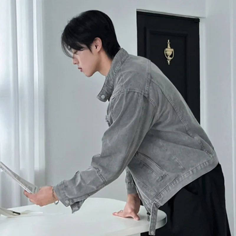 Spring Men's Jakect Washed Stand Collar Male Denim Jackets New Loose Style New Korean Solid Color Trendy Menwear 9W1454