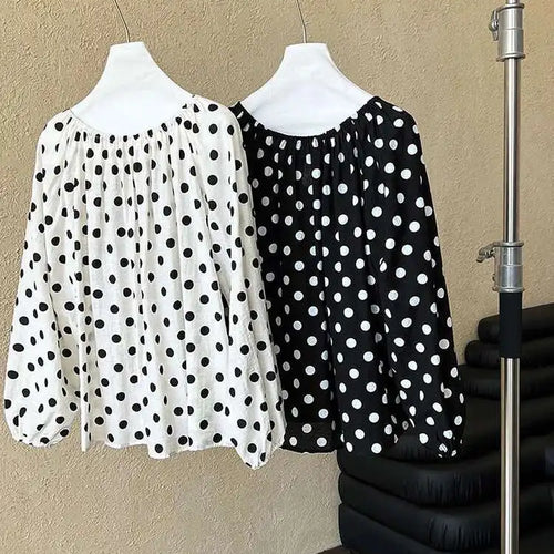 Load image into Gallery viewer, Women Black Dot Printed Big Size Elegant Blouse New Round Neck Long Sleeve Shirt Fashion Tide Spring Autumn 2025 1DH9976
