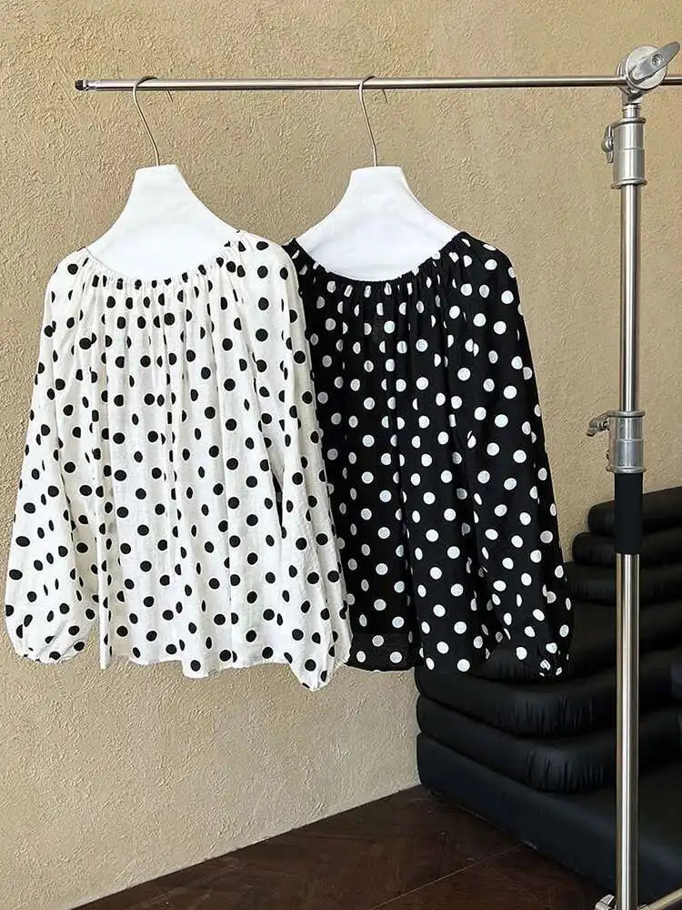 Women Black Dot Printed Big Size Elegant Blouse New Round Neck Long Sleeve Shirt Fashion Tide Spring Autumn 2025 1DH9976
