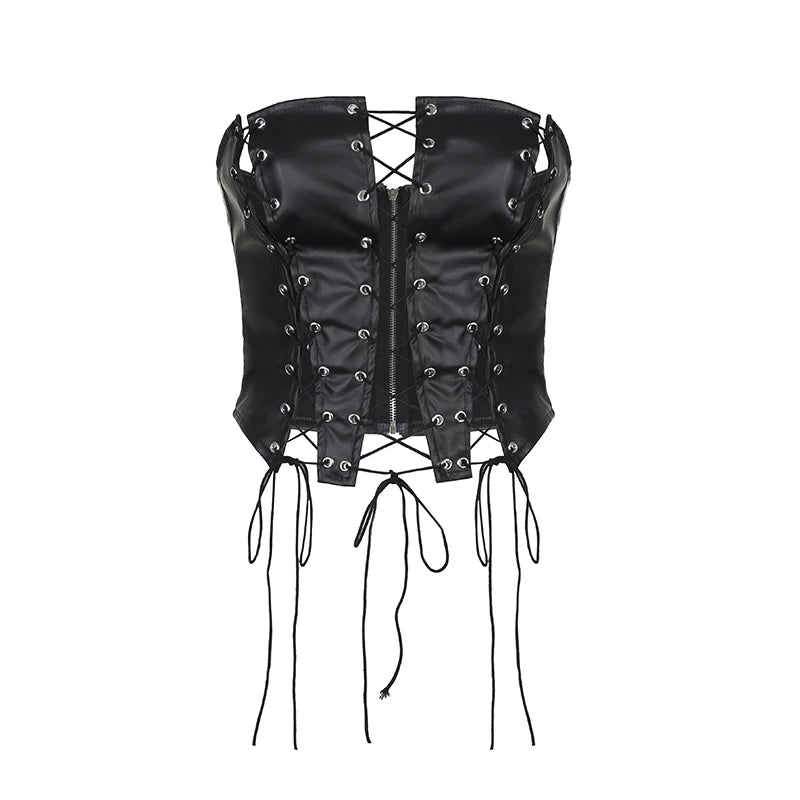 Streetwear Punk Gothic PU Leather Top Sexy Corset Bandage Split Fashion Clubwear Party Tube Top Strapless Grunge Hot