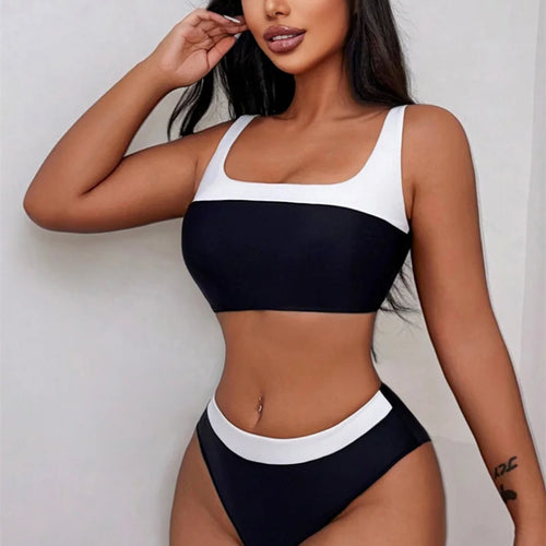 Load image into Gallery viewer, Black Patchwork Bandeau Swimwear Mid Waist Bikini Sets 2024 Sexy Women Swimsuit Brazilian Biquini Bathing Suit
